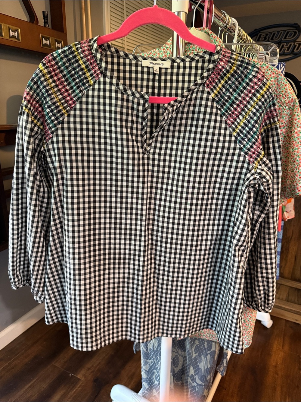 Madewell Black & White Gingham Tunic with Multicolor Shoulder Trim